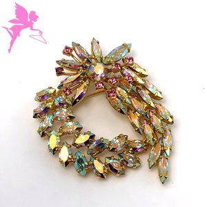 VINTAGE RARE UNSIGNED 1960's Aurora Borealis Marquis Cut Rhinestone Brooch